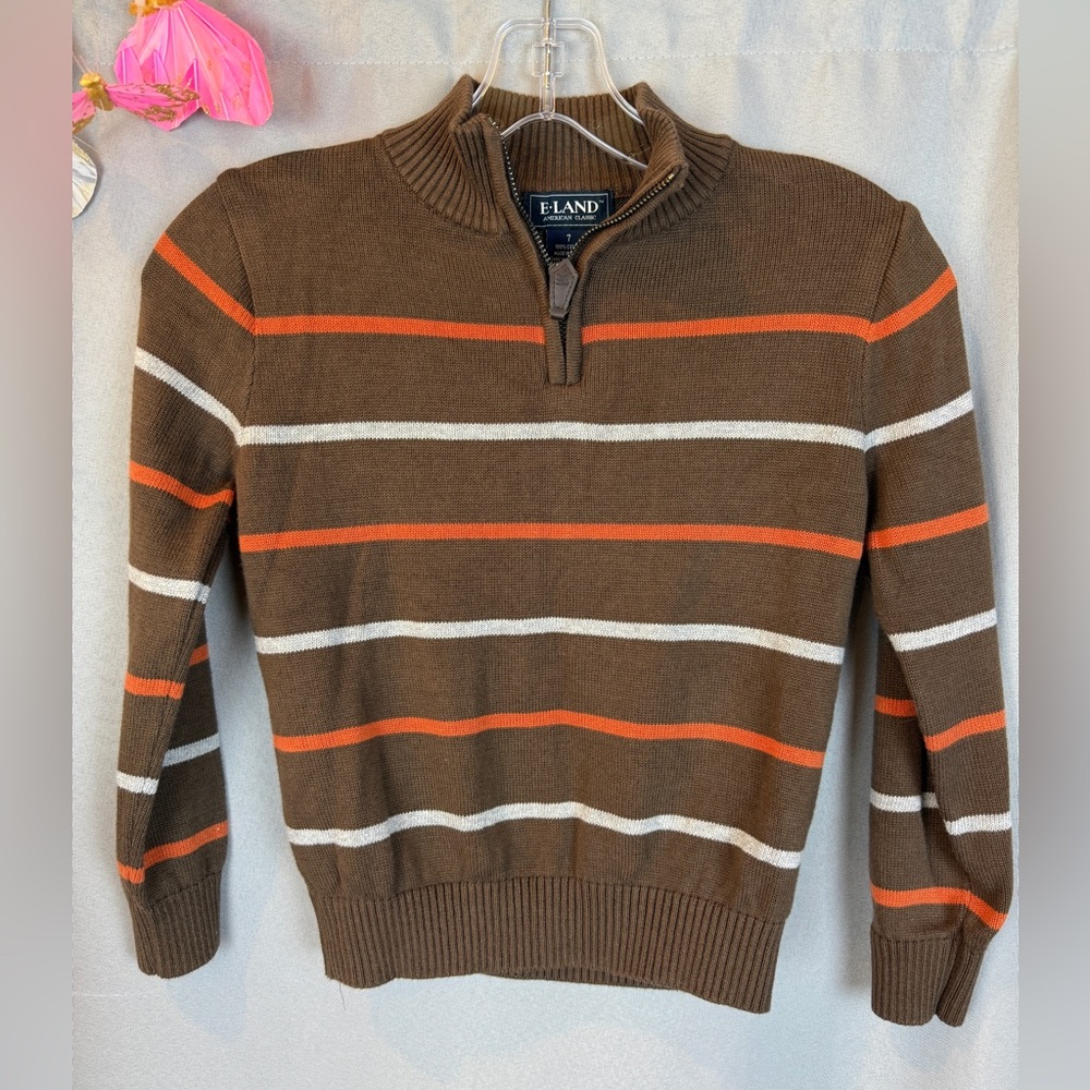 E-Land Brown 1/4 Zip Brown Striped Sweater- Size 7
